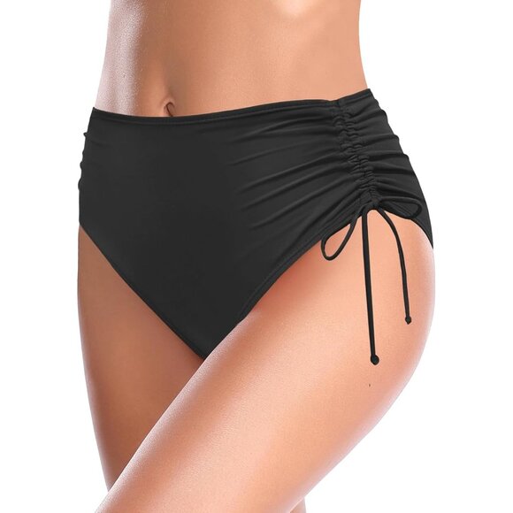 🆕Women’s Black Nylon High Waisted Bikini Bottoms Ruched Tummy - Picture 3 of 6